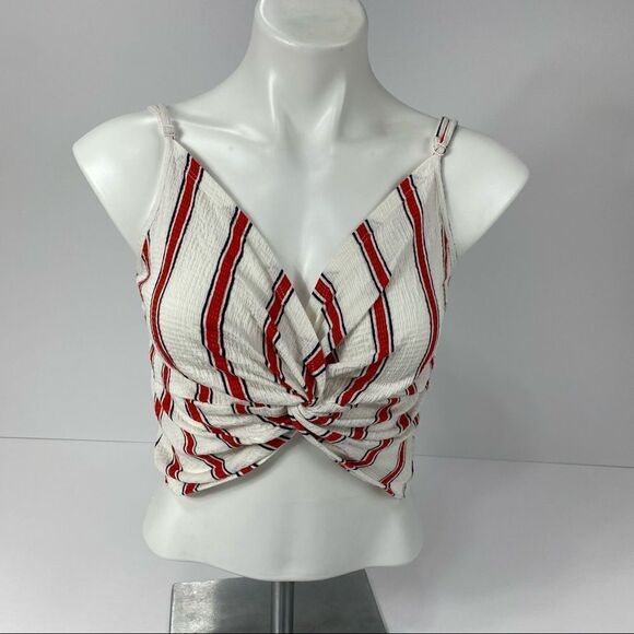 Love Tree Crop Top Waffle Knit Knotted Front Stripe Red White Blue NWOT L - Picture 7 of 8